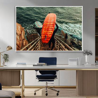 A surfer carrying a bold orange surfboard down a rugged staircase toward the ocean, bathed in golden hour light, capturing the energy of coastal adventure.