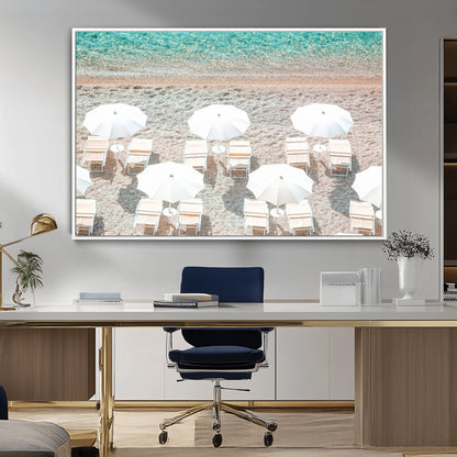 A bright beach scene with white umbrellas, pastel sand, and turquoise waters, creating a tranquil coastal vibe, perfect for beach house or summer decor.
