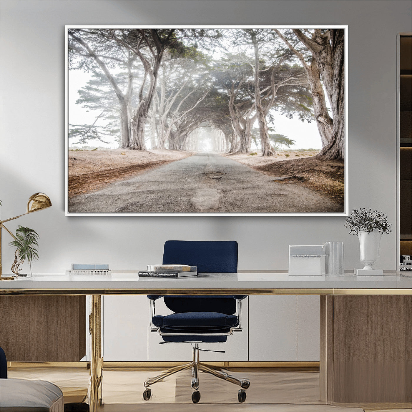 Canvas of a misty tree tunnel with arching cypress trees and an earthy road, ideal for rustic or coastal nature decor.