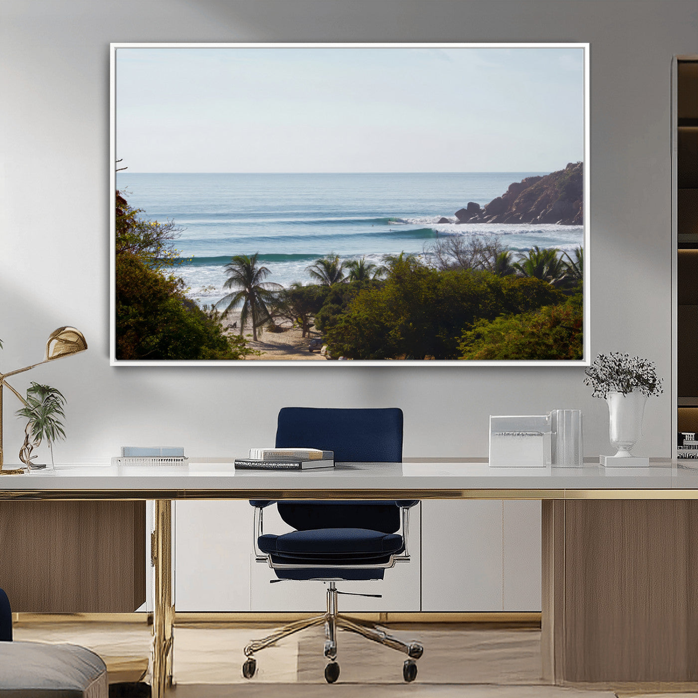 View of calm ocean waves with palm trees and a tropical coastline, ideal for coastal boho or beach-themed wall decor.