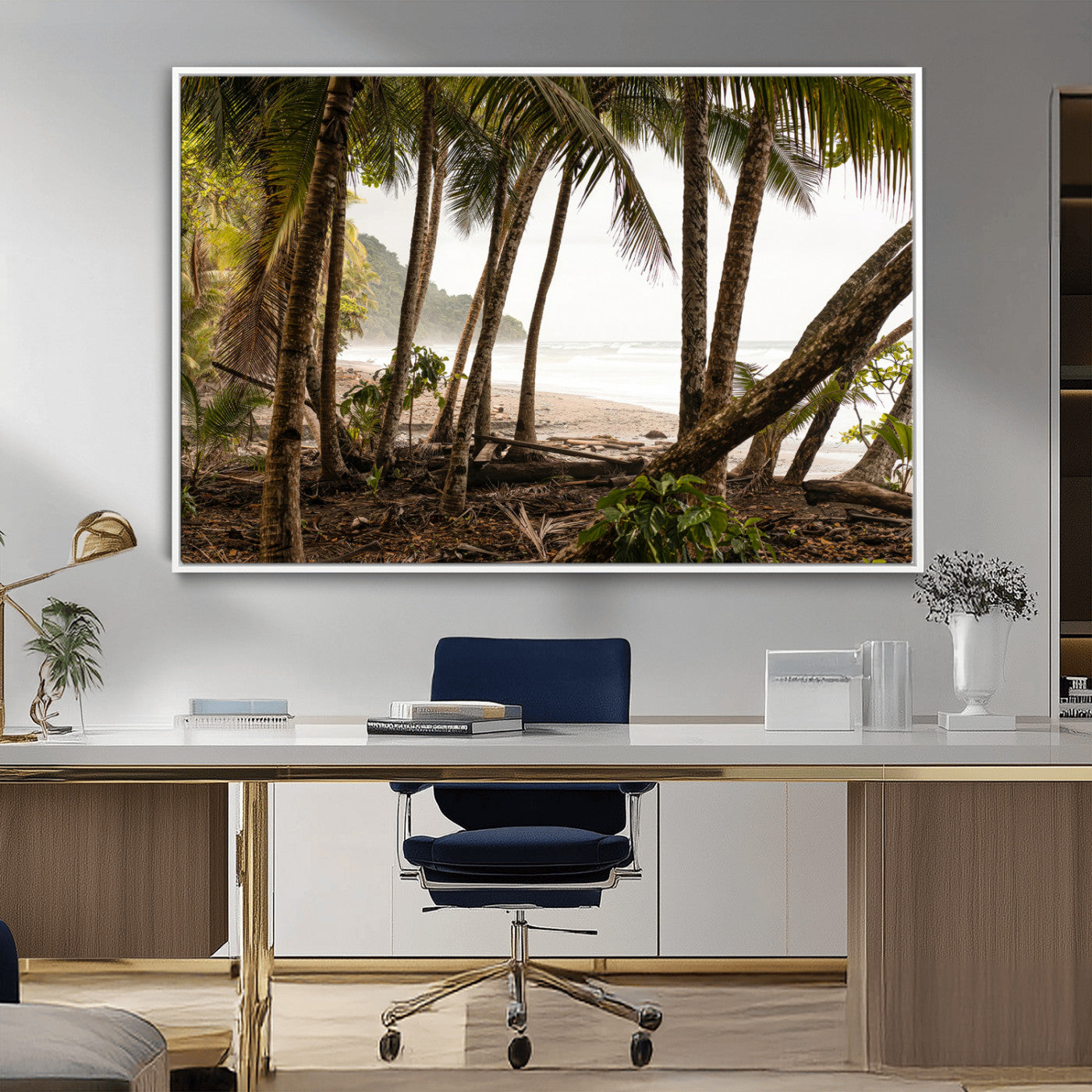 Dense tropical palm trees framing a sandy beach and ocean shore, ideal for jungle or coastal themed interior wall decor.