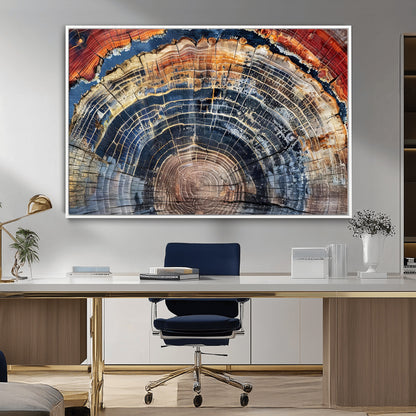 Vibrant tree ring with orange, brown, and blue tones in abstract detail, perfect for rustic or boho-inspired wall decor.