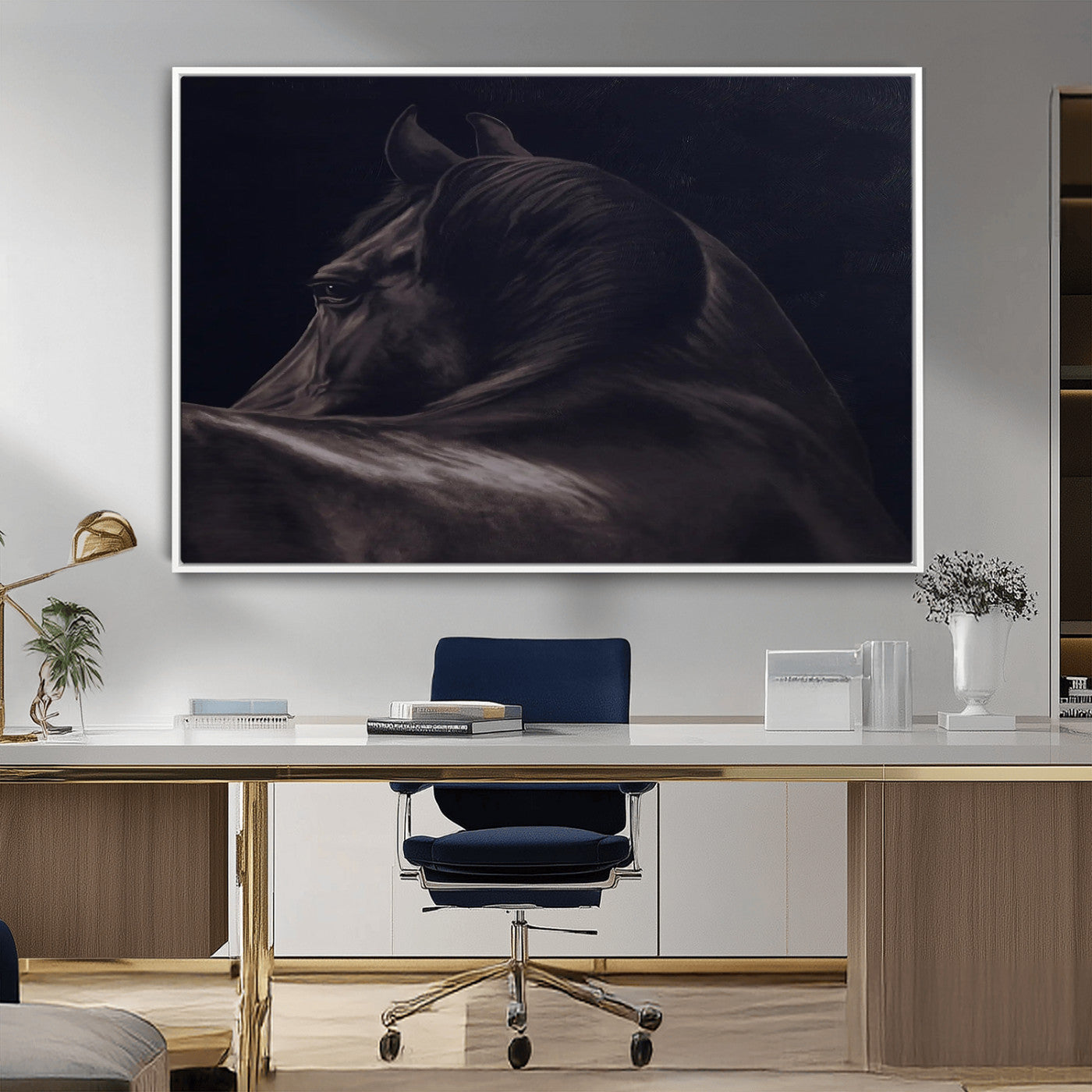 Close-up of a black horse with dramatic lighting on a dark background, perfect for rustic or masculine home decor.