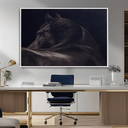 Close-up of a black horse with dramatic lighting on a dark background, perfect for rustic or masculine home decor.