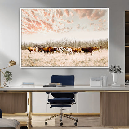 Cattle herd in a soft-toned field under a pastel pink sky, creating a peaceful rustic feel, perfect for farmhouse or western-themed spaces.