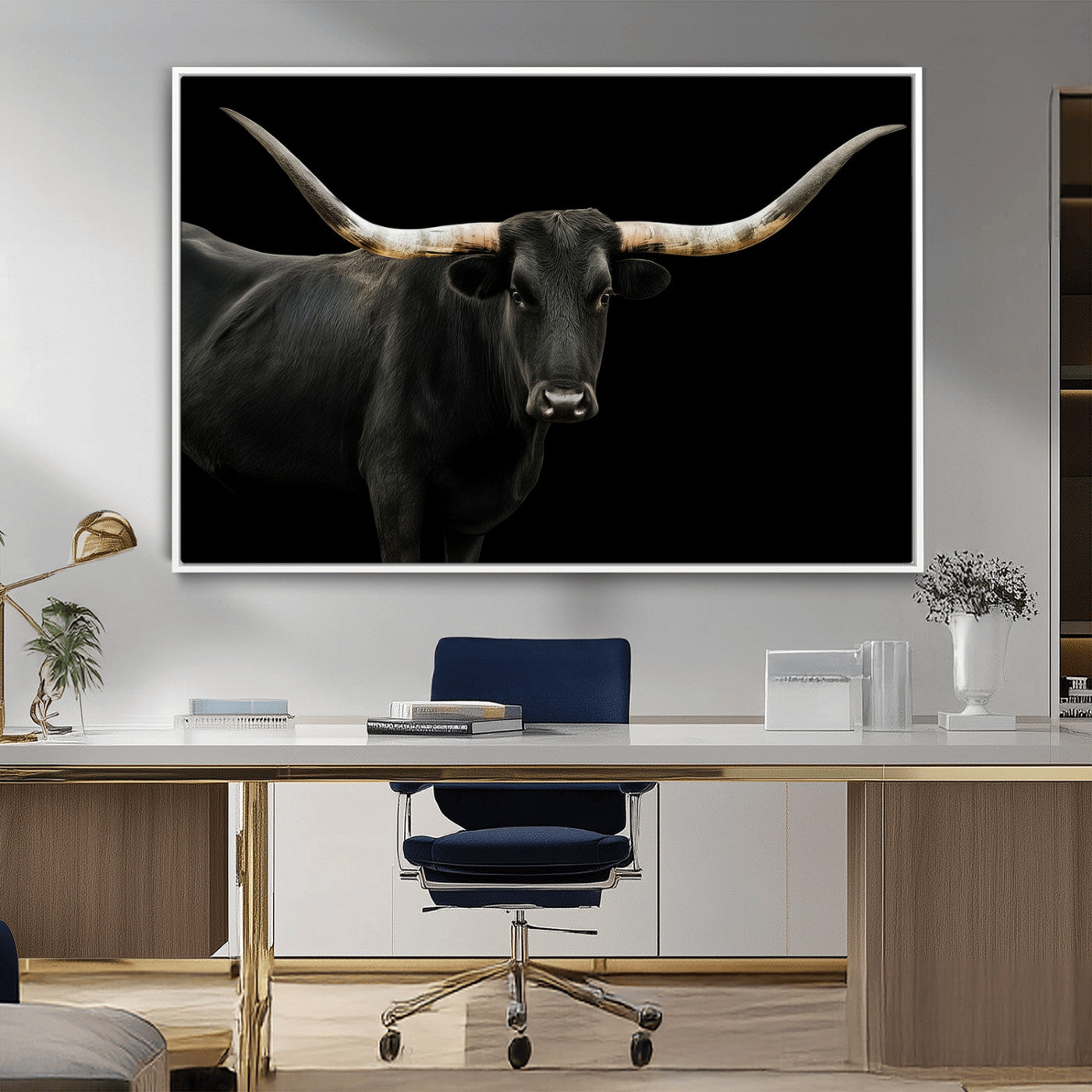 Close-up of a black Texas longhorn with large curved horns on black background, ideal for rustic farmhouse or modern western interiors.