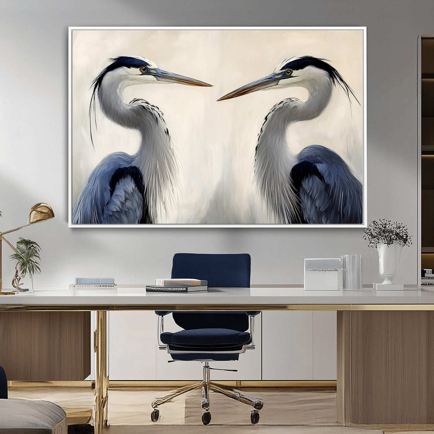 Two blue herons facing each other on a soft neutral background, ideal for coastal, tranquil, or nature-inspired minimalist interiors.