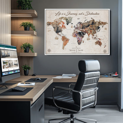 96000140-MGV-CV-36X24-Custom Push Pin World Map Wall Canvas Print – Personalized Travel Tracker with Pins – Framed Large Multi-Size Canvas for Home Office Decor