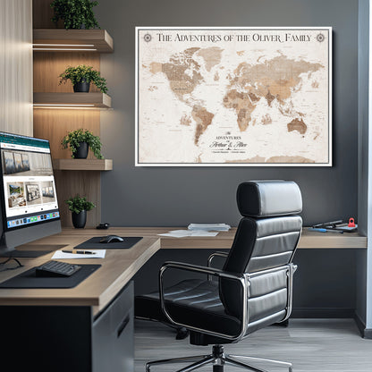 58395047-MGV-CV-36X24-Custom Push Pin World Map Wall Canvas Print – Personalized Travel Tracker with Pins – Framed Large Multi-Size Canvas for Home Office Decor