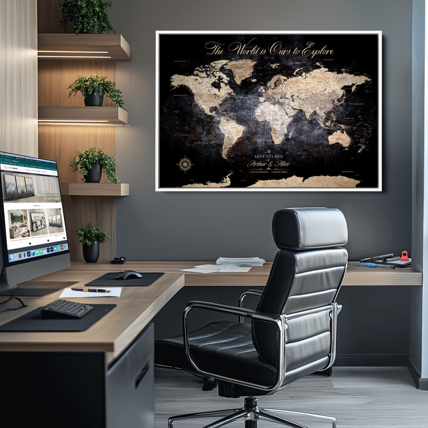'-Customize Push Pin World Map Wall Canvas Print, Personalized Travel Tracker with Pins, Framed Large Canvas for Home Office Decor - H37