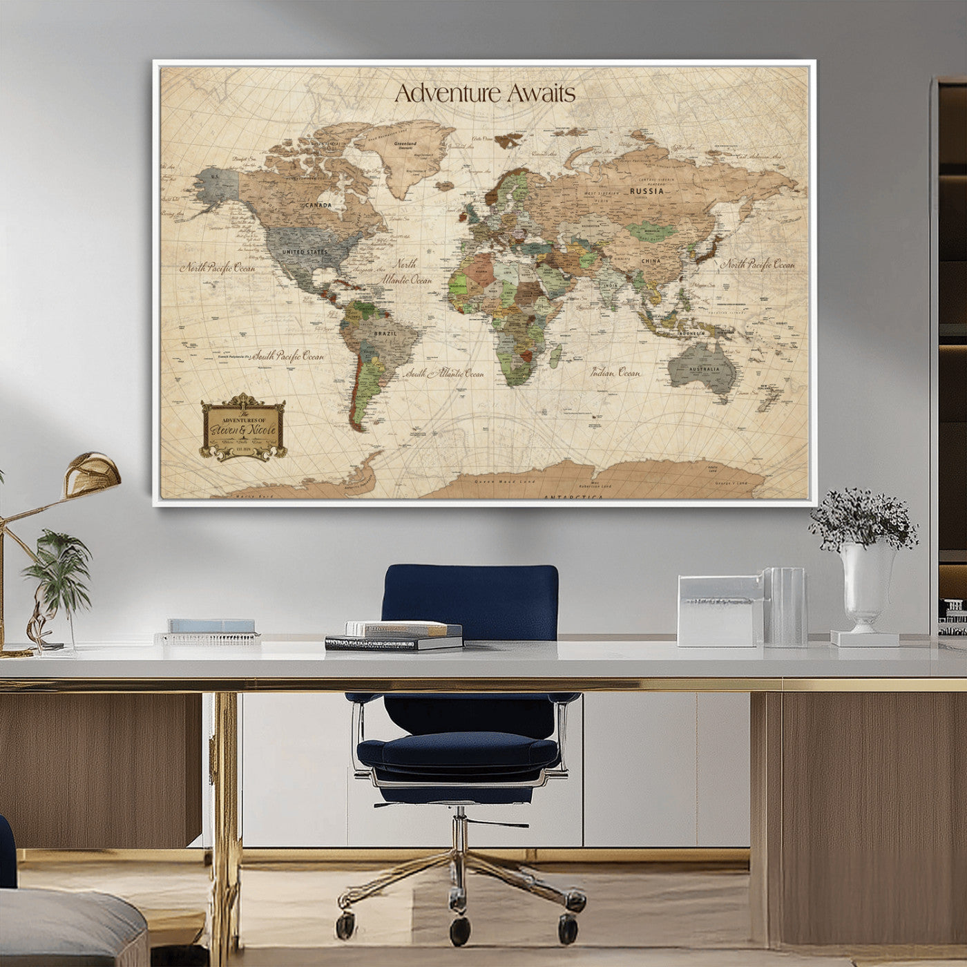 Custom Push Pin World Map Wall Canvas Print – Personalized Travel Tracker with Pins – Framed Custom Quotie Canvas for Home Office Decor