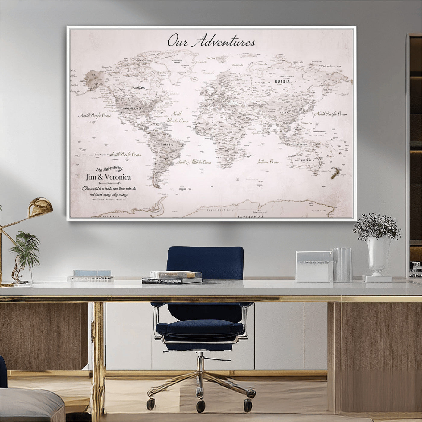 Customize Push Pin World Map Wall Canvas Print – Personalized Travel Map with Foam Pins – Framed Custom Quotie Canvas for Home Office Decor