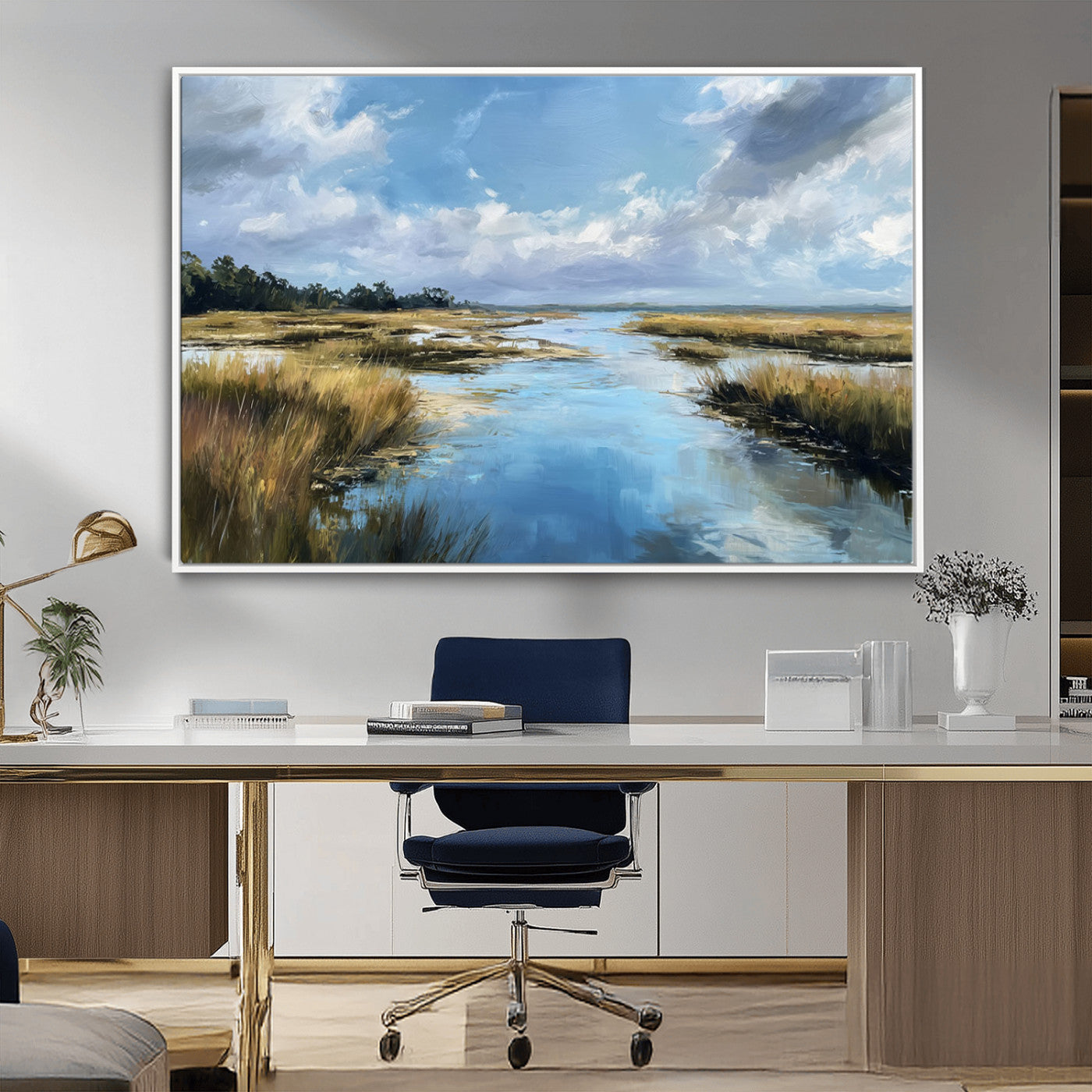 A beautiful, painterly landscape of a calm river winding through a marsh, with vibrant green grasses and a bright blue sky filled with fluffy clouds.