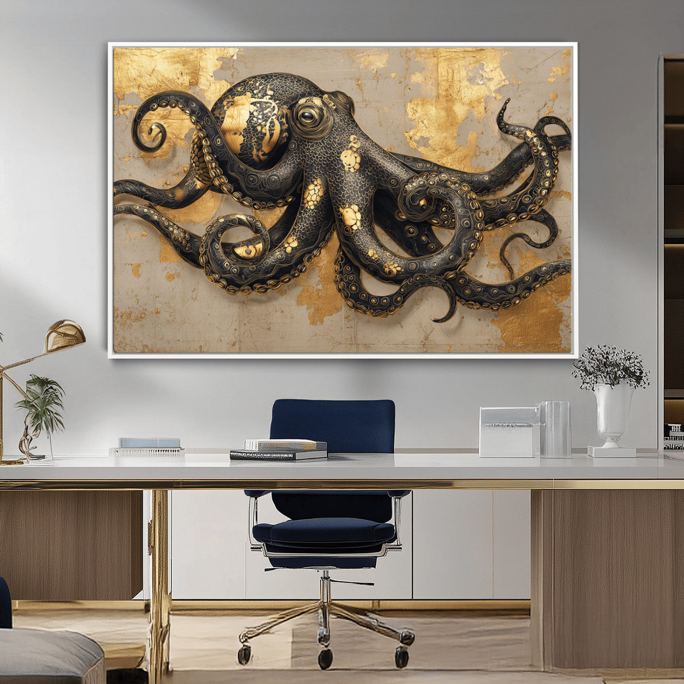 A stunning golden and black illustration of an octopus on a textured background with gold leaf accents, highlighting its intricate tentacles and unique design.