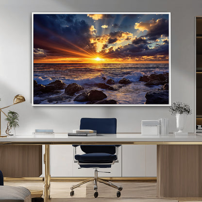 An explosive sunset over the ocean with dramatic clouds and rays of sunlight reflecting off the water, creating a vibrant and captivating view.