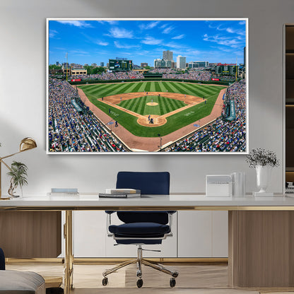 Wrigley Field Baseball Stadium Canvas Wall Art, Packed Crowd Sports Stadium Print, City Skyline Baseball Field Canvas for Game Room Decor