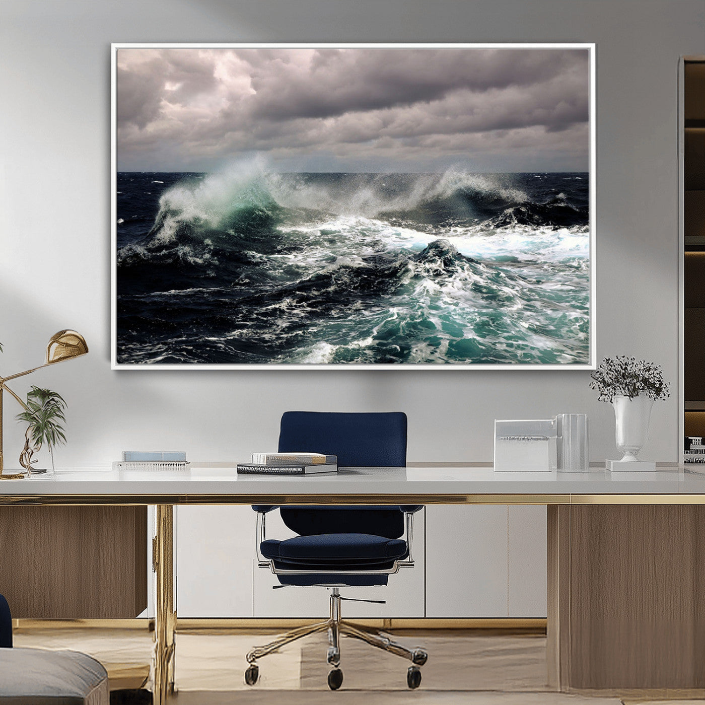 Powerful ocean waves crashing under stormy skies, creating a dynamic and intense seascape.