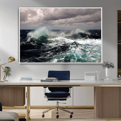 Powerful ocean waves crashing under stormy skies, creating a dynamic and intense seascape.