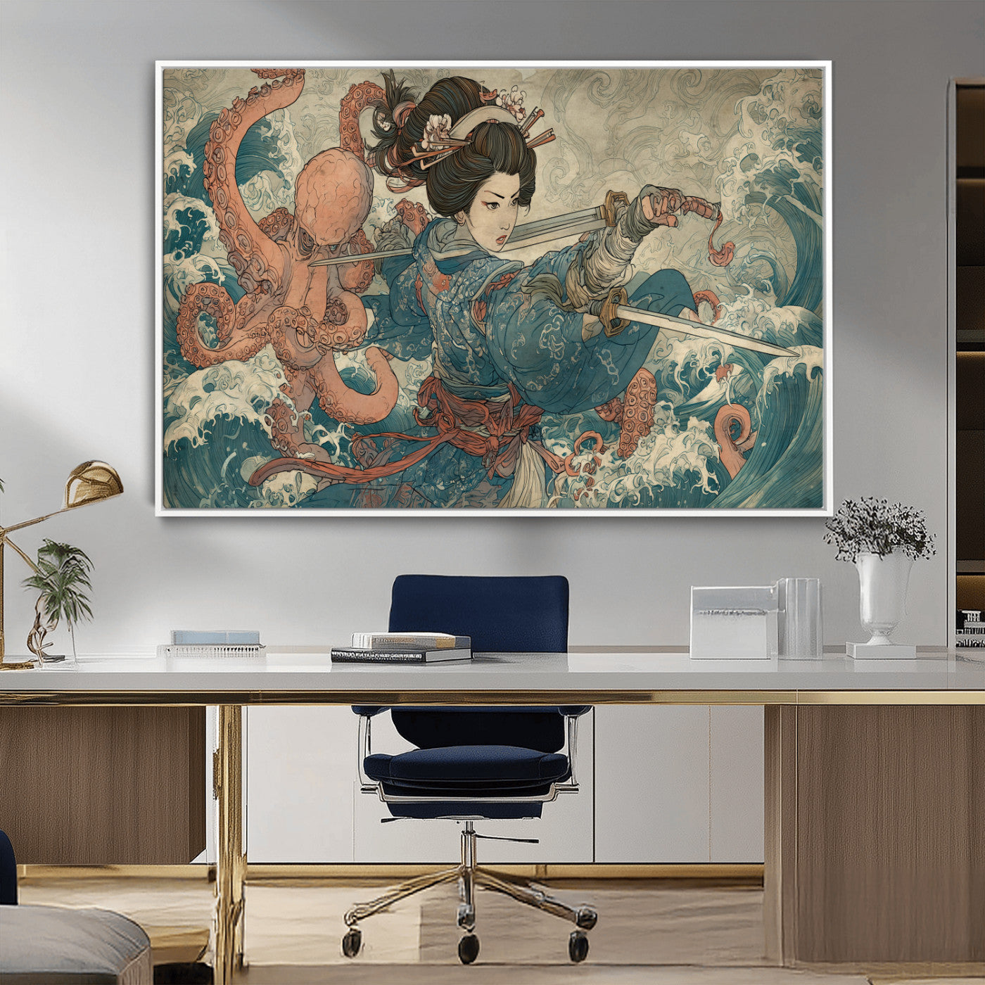 Tsukioka Yoshitoshi Samurai Wall Art Print, Japanese Katana Warrior Canvas Wall Art, Octopus Sea Monster Canvas Print,