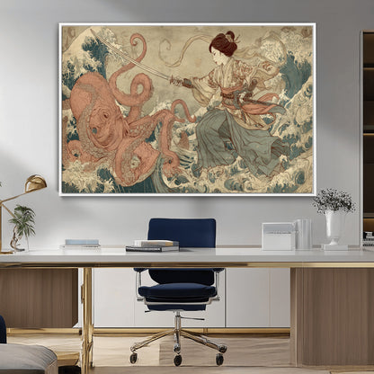 Tsukioka Yoshitoshi Samurai Wall Art Print, Japanese Katana Warrior Canvas Wall Art, Octopus Sea Monster Canvas Print,