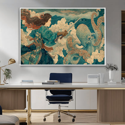 Tsukioka Yoshitoshi Samurai Wall Art Print, Japanese Katana Warrior Canvas Wall Art, Octopus Sea Monster Canvas Print,