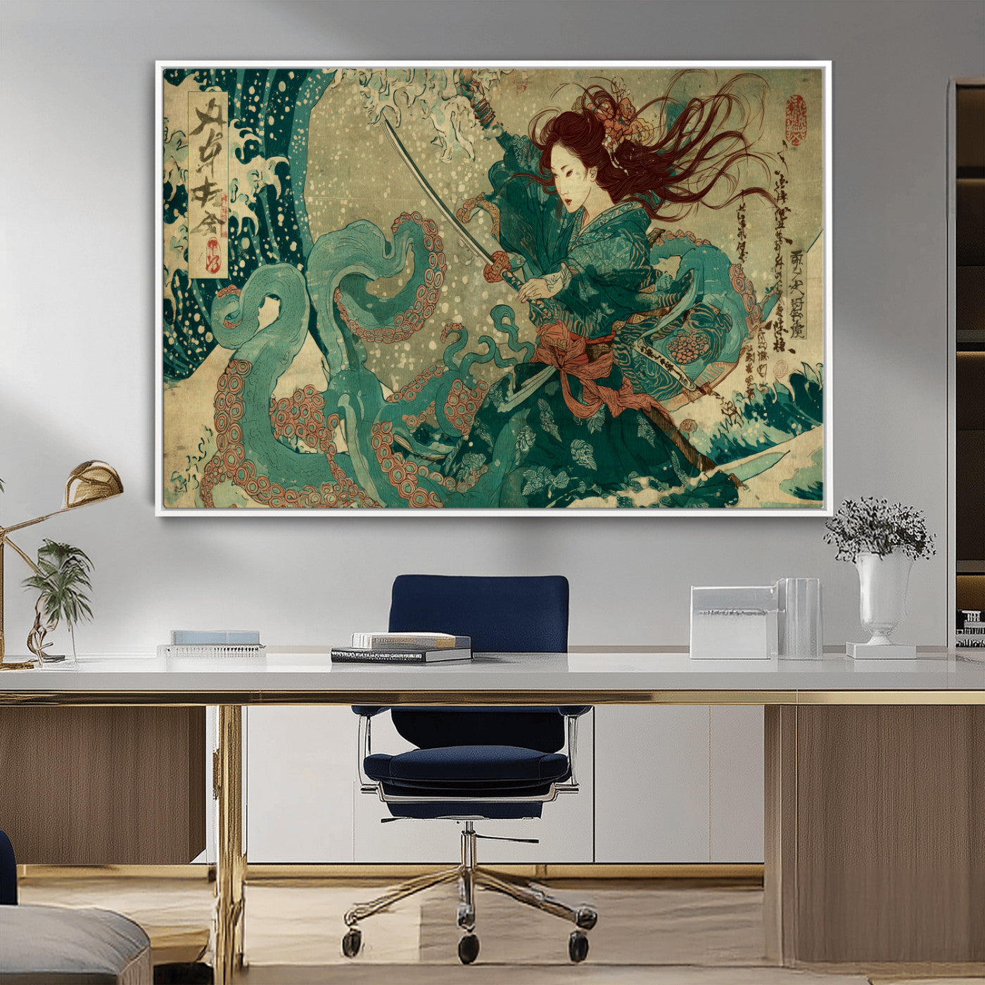 Tsukioka Yoshitoshi Samurai Wall Art Print, Japanese Katana Warrior Canvas Wall Art, Octopus Sea Monster Canvas Print,