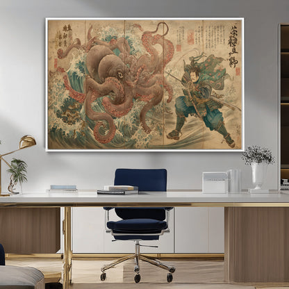 Tsukioka Yoshitoshi Samurai Wall Art Print, Japanese Katana Warrior Canvas Wall Art, Octopus Sea Monster Canvas Print,