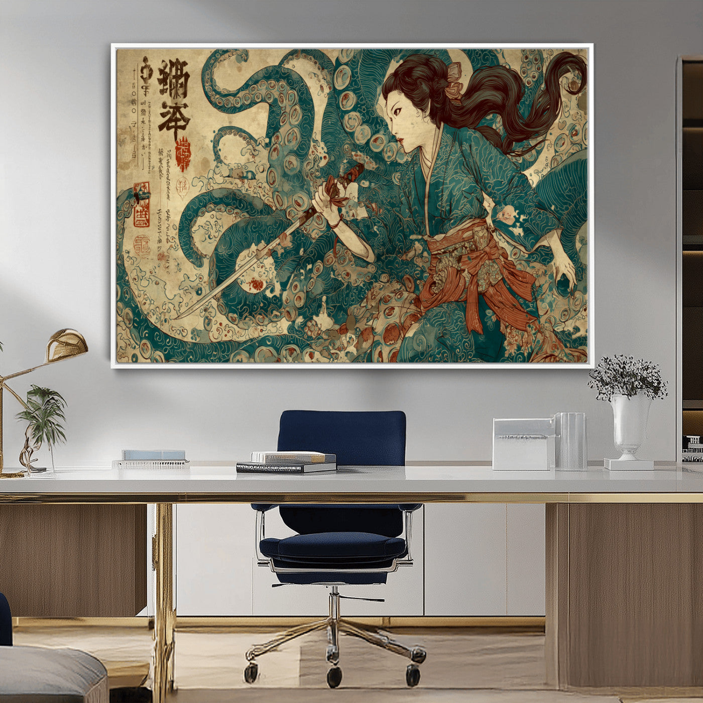 Tsukioka Yoshitoshi Samurai Wall Art Print, Japanese Katana Warrior Canvas Wall Art, Octopus Sea Monster Canvas Print,
