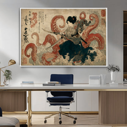 Tsukioka Yoshitoshi Samurai Wall Art Print, Japanese Katana Warrior Canvas Wall Art, Octopus Sea Monster Canvas Print,