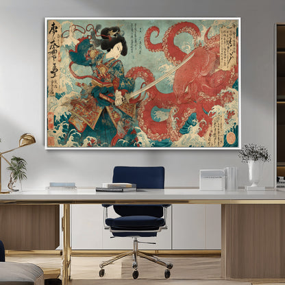 Tsukioka Yoshitoshi Samurai Wall Art Print, Japanese Katana Warrior Canvas Wall Art, Octopus Sea Monster Canvas Print,