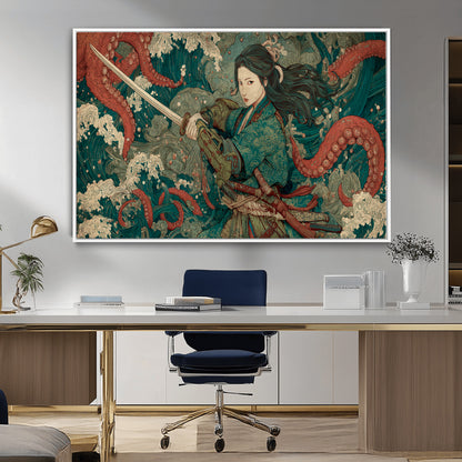 Tsukioka Yoshitoshi Samurai Wall Art Print, Japanese Katana Warrior Canvas Wall Art, Octopus Sea Monster Canvas Print,