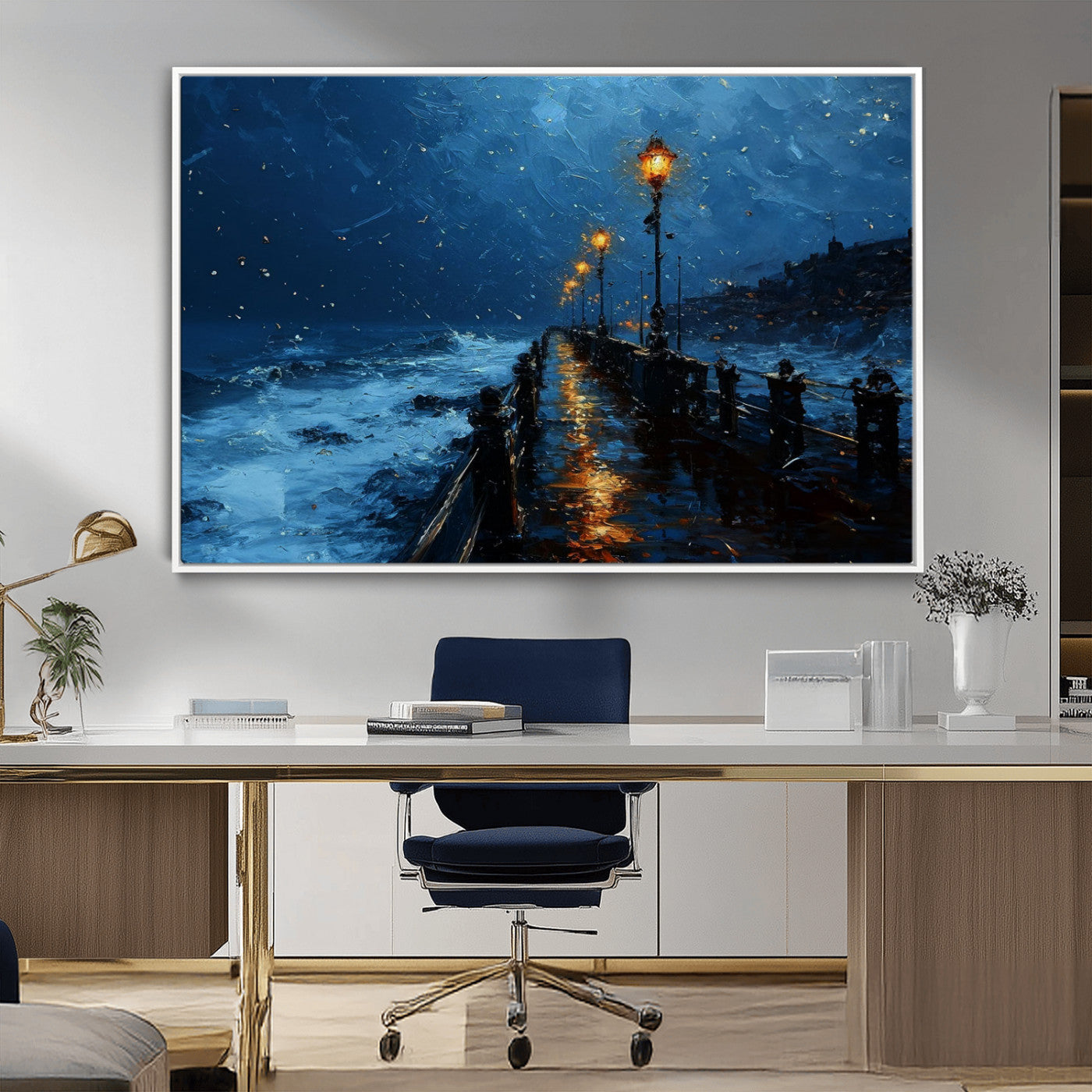 "Impressionistic painting of a rainy pier at night with glowing street lamps reflecting on the wet surface, ocean waves crashing under a dark blue sky."