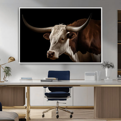 "Close-up of a brown and white longhorn cow with prominent curved horns against a black background."
