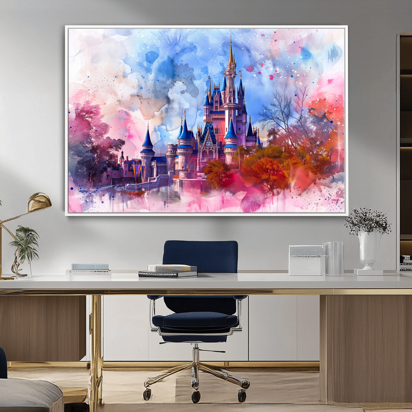 Watercolor canvas of a dreamy Disney-style castle in pastel pink and blue tones, perfect for fairytale or whimsical home decor.