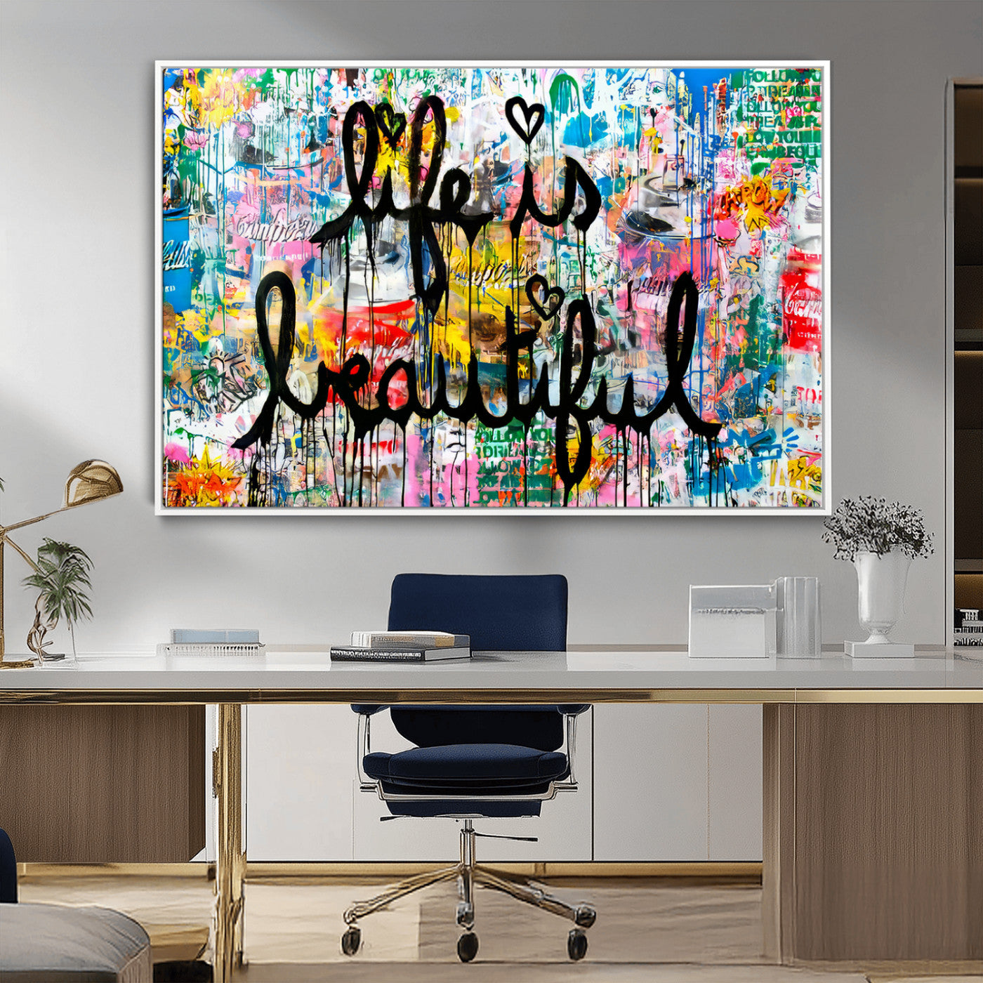 Colorful urban-style canvas with graffiti text “Life is Beautiful” in black paint, ideal for bold or street-themed home decor.