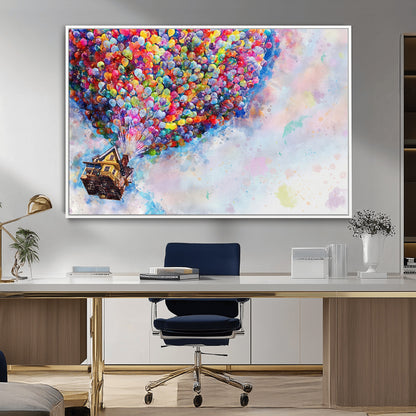 Whimsical canvas of the house from the movie Up flying with colorful balloons, ideal for Pixar or animation-themed decor.