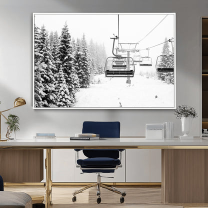 Black and white canvas of empty ski lifts over a snowy pine forest, perfect for minimal winter or ski lodge-inspired decor.