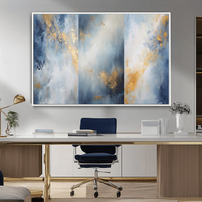Abstract canvas art in soft blue and gold tones with textured brushstrokes, ideal for elegant or modern neutral decor spaces.