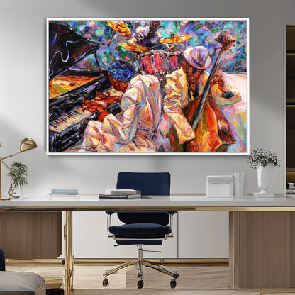 Vibrant oil painting of a jazz band with piano, saxophone, and bass, ideal for colorful and expressive music-themed home decor.