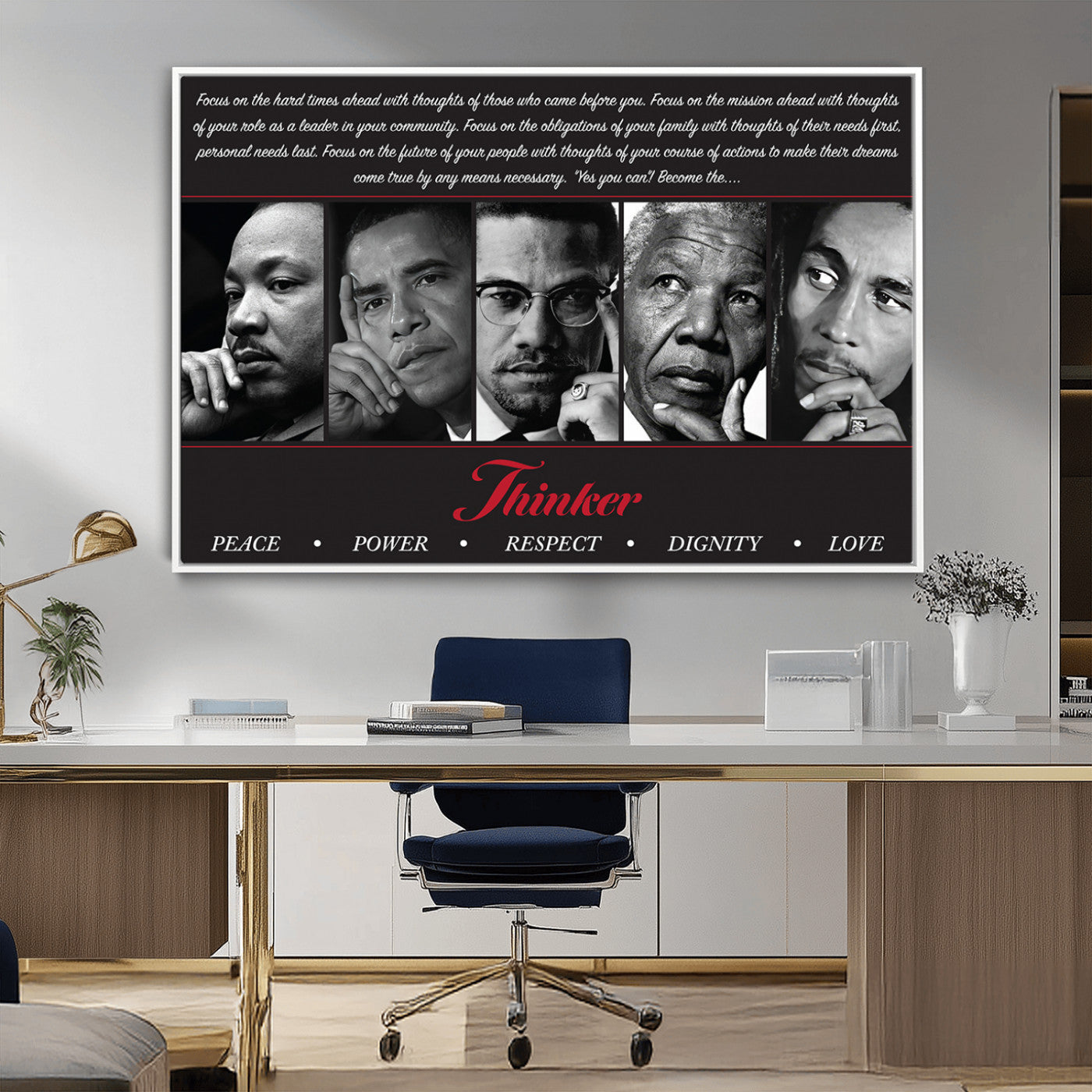 Monochrome canvas of iconic Black leaders with a powerful quote, perfect for modern spaces with a cultural or motivational theme.
