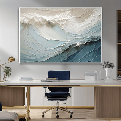 Textured canvas of ocean waves in soft coastal blues and creamy whites, ideal for modern or minimalist coastal-style interiors.