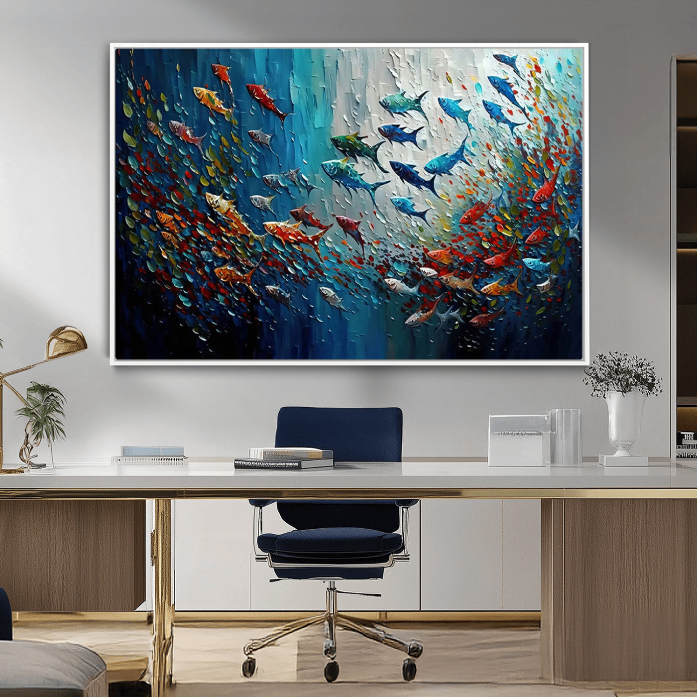 Colorful painting of fish swimming in abstract ocean swirls, perfect for vibrant marine-themed or expressive coastal home decor.