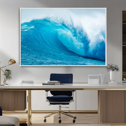 Vibrant canvas of a powerful curling ocean wave in tropical blue tones, perfect for coastal or surf-inspired decor settings.