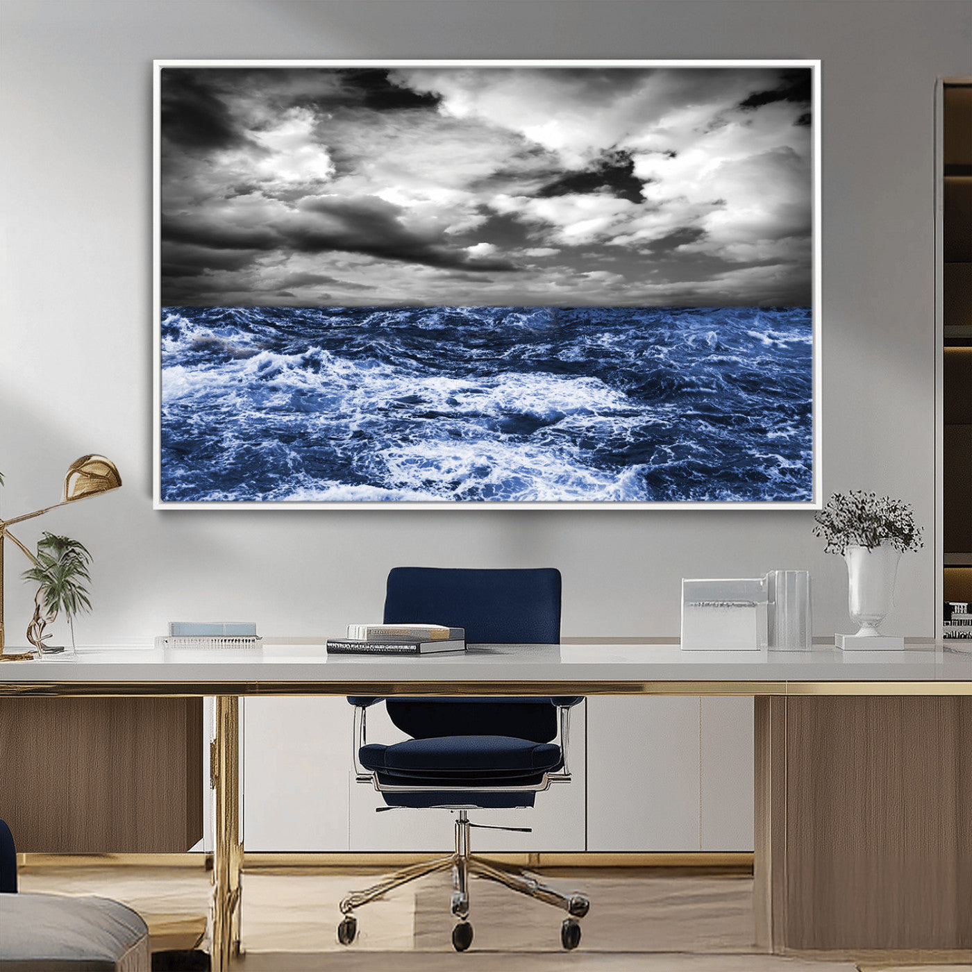 Moody canvas wall art of a stormy ocean under a dramatic black-and-white sky, perfect for bold or coastal-style interiors.