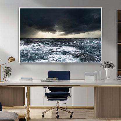 Moody ocean scene with stormy skies and crashing waves, perfect for dramatic or coastal-style home wall decor.