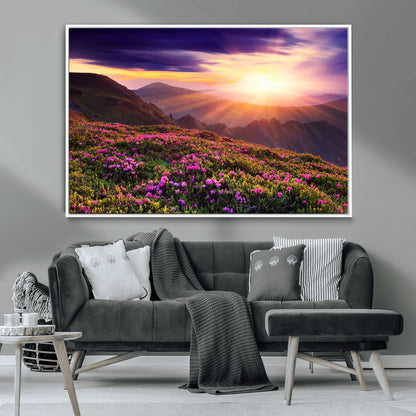 -Mountain Sunrise Wall Art – Vibrant Floral Landscape Canvas Print, Nature Home Decor for Living Room, Bedroom Office or Cabin
