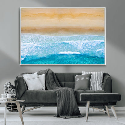 -Aerial Beach Wall Art – Serene Ocean Waves & Sandy Shore Canvas Print, Coastal Home Decor for Living Room, Bedroom or Office