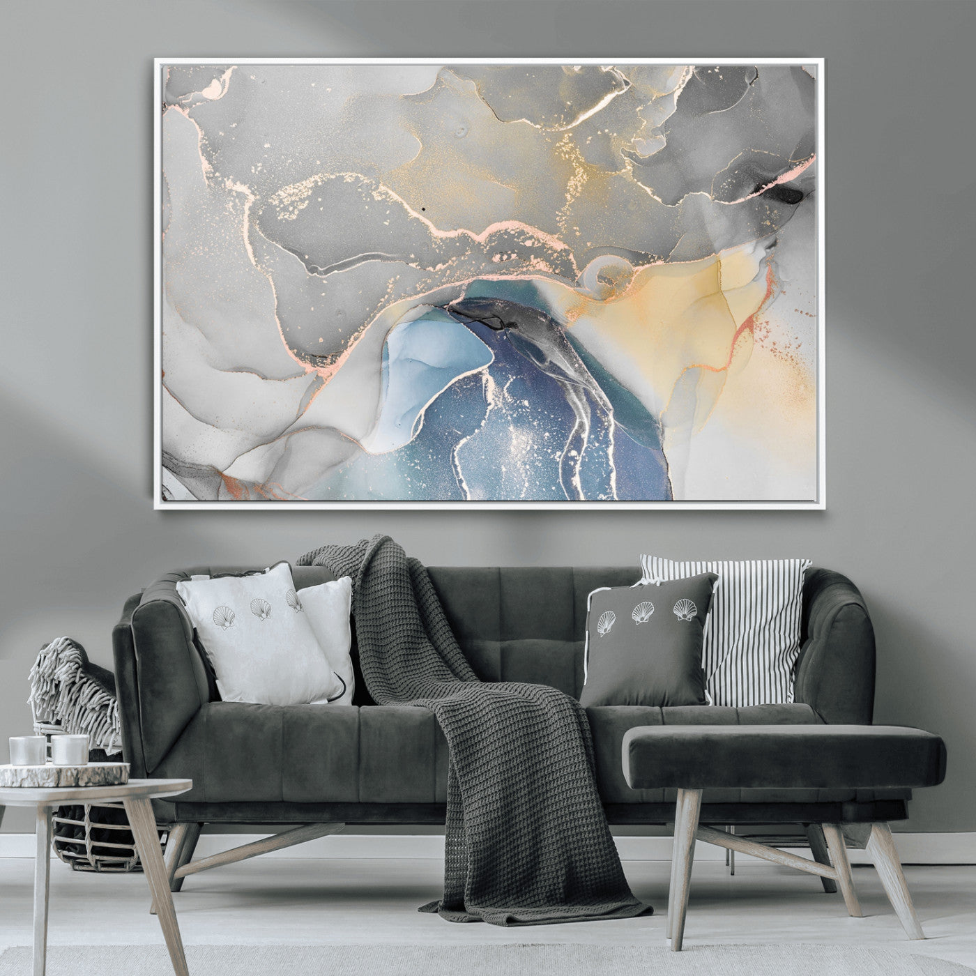 -Abstract Fluid Art Wall Decor – Blue, Gray & Gold Canvas Print, Modern Home and Office Wall Art Decor for Living Room, Bedroom or Workspace