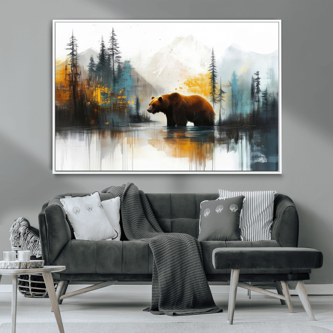 A majestic bear stands by the serene waters of a misty forest, surrounded by towering trees and distant mountains, evoking the raw beauty and wild spirit of nature.