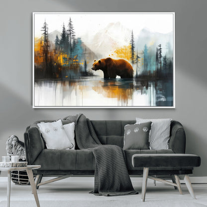 A majestic bear stands by the serene waters of a misty forest, surrounded by towering trees and distant mountains, evoking the raw beauty and wild spirit of nature.